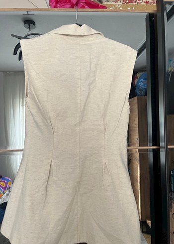 Düğmeli Bej Keten Kadın Yelek - Görsel 2