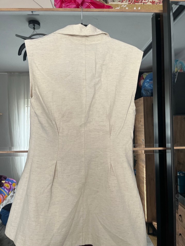 Düğmeli Bej Keten Kadın Yelek - Görsel 2