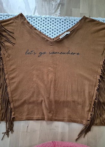 Bohem Tarz Kahverengi Süet Püsküllü tshirt - Görsel 2