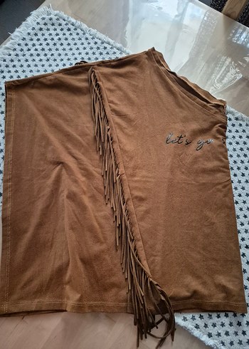 Bohem Tarz Kahverengi Süet Püsküllü tshirt - Görsel 4