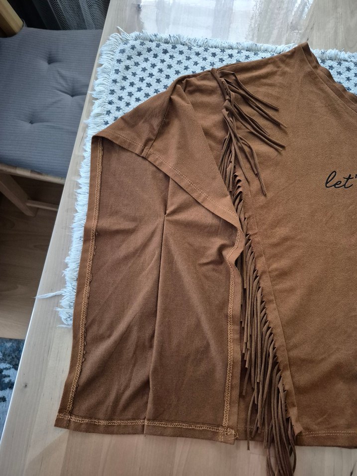 Bohem Tarz Kahverengi Süet Püsküllü tshirt - Görsel 3