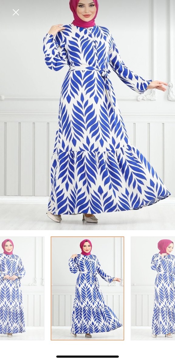 Uzun Kollu Mavi Desenli Bohem Elbise - Görsel 3