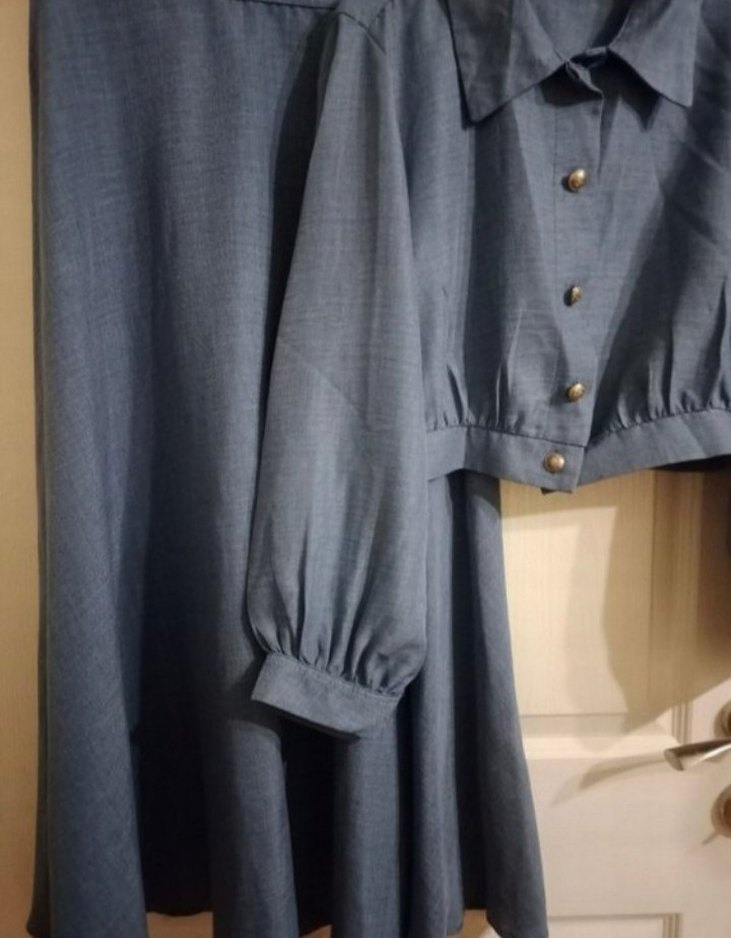 Düğmeli Uzun Kollu Gri Kadın Takım - Görsel 2