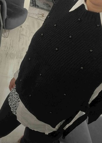 Boncuk Detaylı Örme Siyah Kadın Süveter - Görsel 6