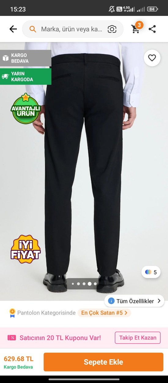 Siyah Regular Fit Erkek Pantolon - Görsel 5