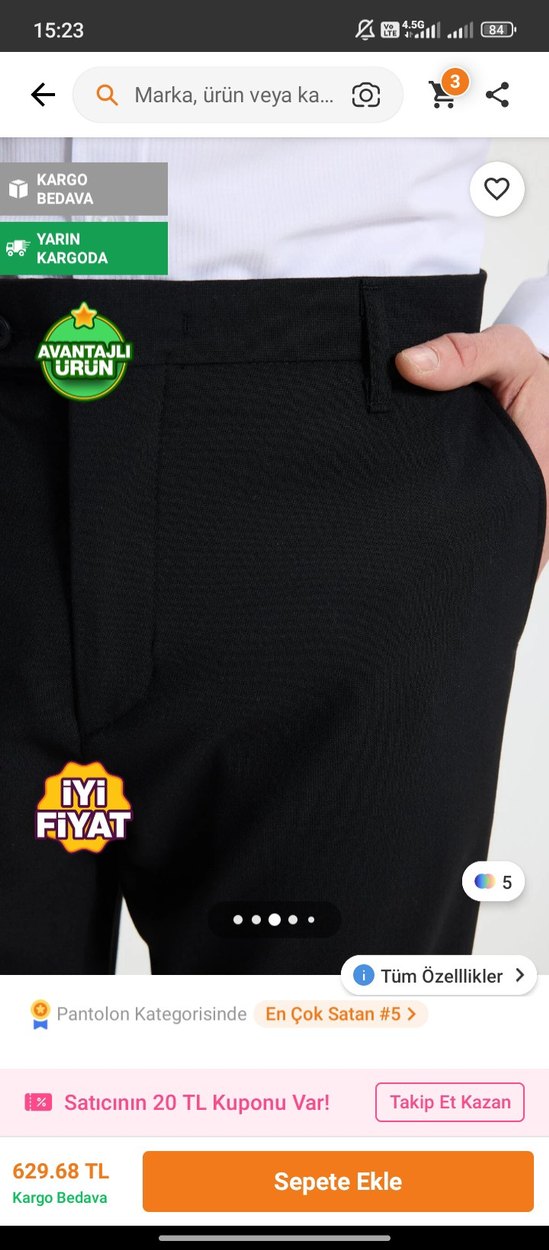 Siyah Regular Fit Erkek Pantolon - Görsel 3