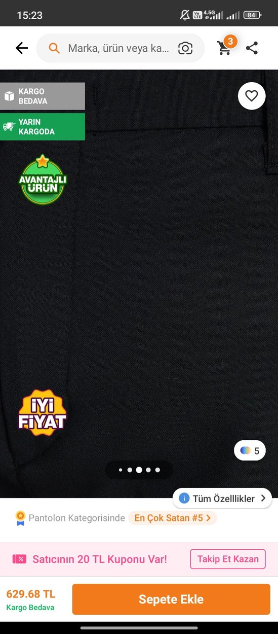 Siyah Regular Fit Erkek Pantolon - Görsel 4