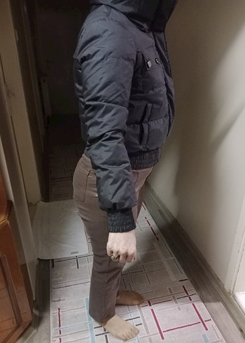 Düğmeli Koyu Gri Kadın Kışlık Mont - Görsel 3