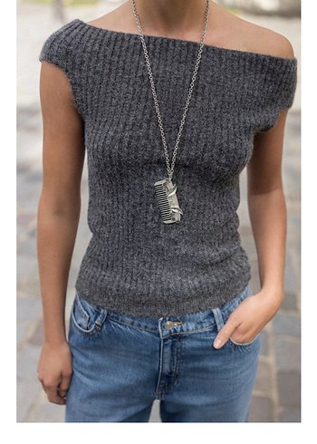 Gri Örgü Kadın Kolsuz Triko Süveter - Görsel 2