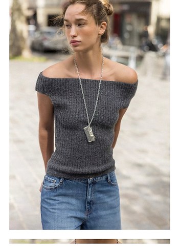 Gri Örgü Kadın Kolsuz Triko Süveter - Görsel 3