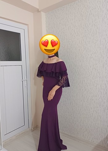 Mor Dantel Detaylı Uzun Gotik Abiye Elbise