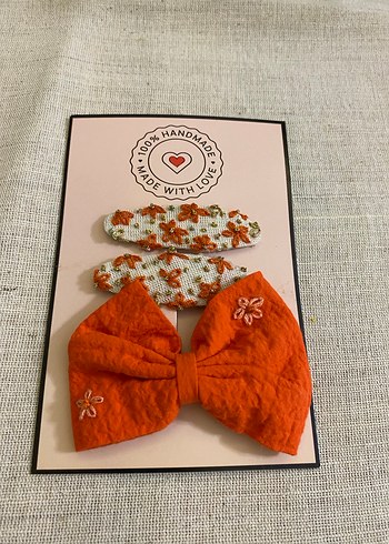 Nakışlı Turuncu Fiyonk ve Çiçekli Toka Seti - Görsel 2