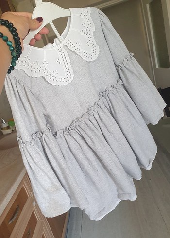 Gri Nakışlı Kız Elbisesi, Fırfırlı, Uzun Kollu
