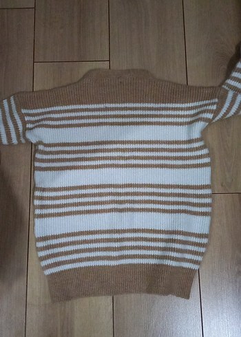 Bej Beyaz Çizgili Kadın Triko Kazak - Görsel 4