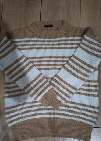 Bej Beyaz Çizgili Kadın Triko Kazak - Görsel 2