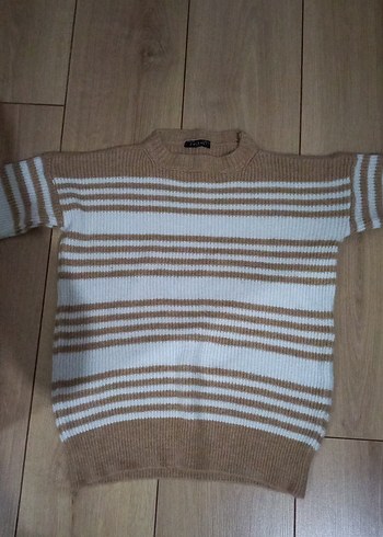 Bej Beyaz Çizgili Kadın Triko Kazak - Görsel 3