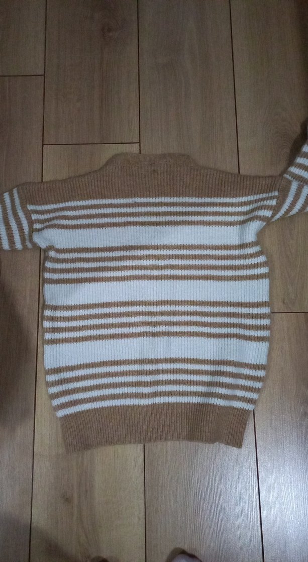 Bej Beyaz Çizgili Kadın Triko Kazak - Görsel 4
