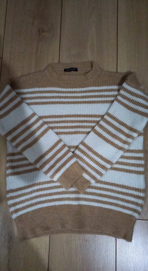 Bej Beyaz Çizgili Kadın Triko Kazak - Görsel 2