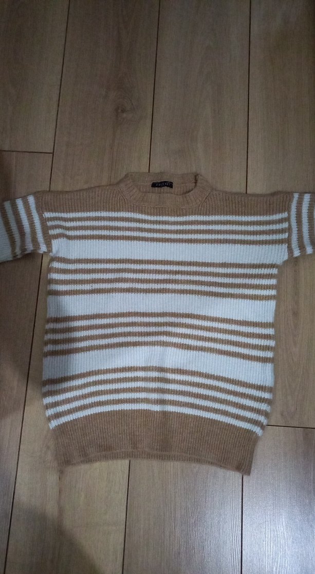 Bej Beyaz Çizgili Kadın Triko Kazak - Görsel 3