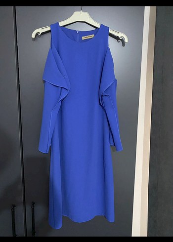 Mavi Omuz detaylı Uzun Kollu Mini Elbise - Görsel 2