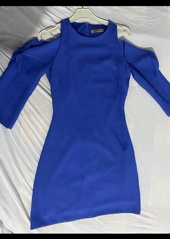 Mavi Omuz detaylı Uzun Kollu Mini Elbise - Görsel 3