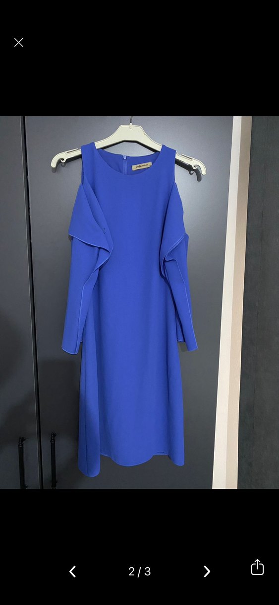 Mavi Omuz detaylı Uzun Kollu Mini Elbise - Görsel 2