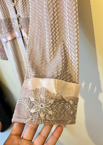 Nakışlı Uzun Kollu Bej Kadın Sabahlık - Görsel 6