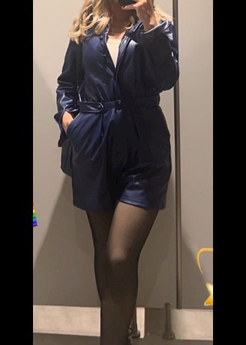 Kadın Mavi Deri Kemerli Mini Tulum - Görsel 2