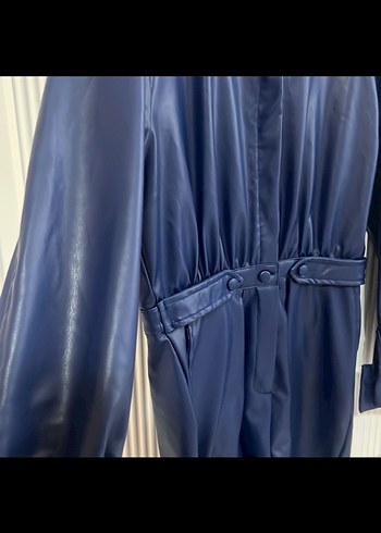 Kadın Mavi Deri Kemerli Mini Tulum - Görsel 4