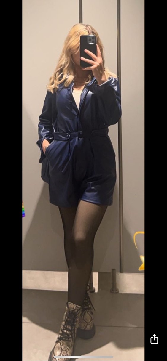 Kadın Mavi Deri Kemerli Mini Tulum - Görsel 2