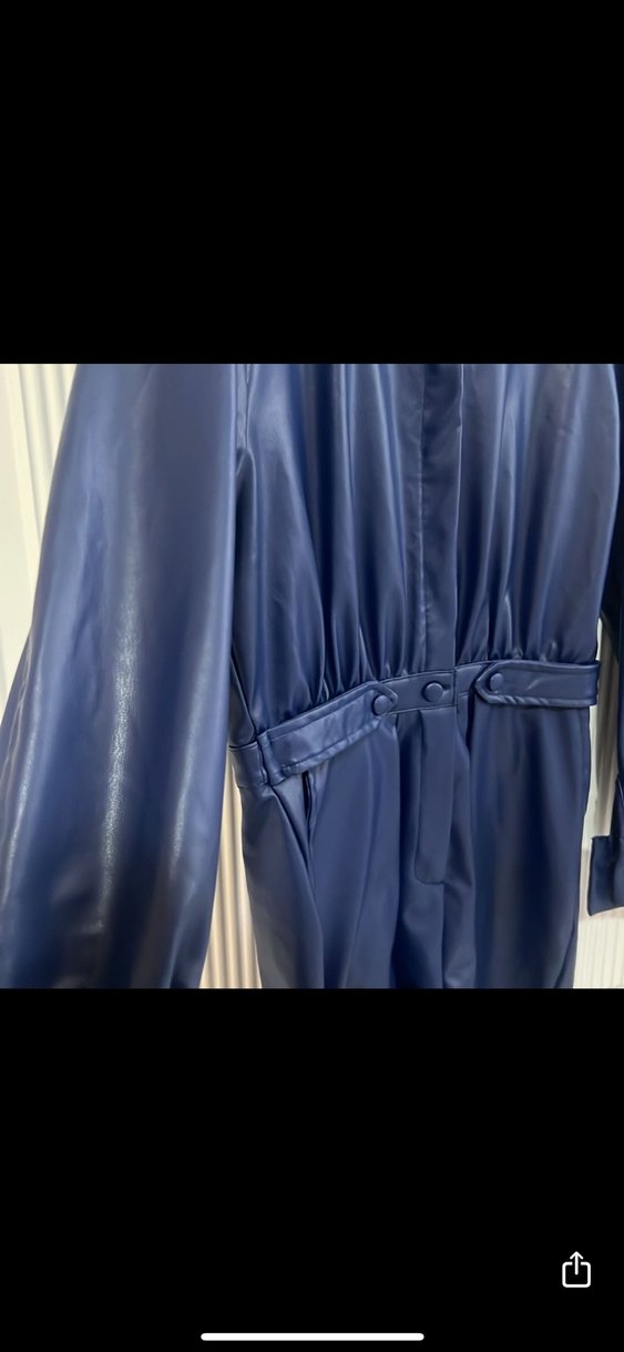 Kadın Mavi Deri Kemerli Mini Tulum - Görsel 4