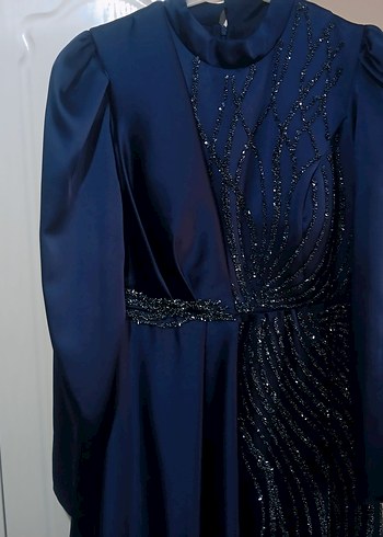 Uzun Lacivert Drapeli Kadın Abiye Elbise - Görsel 7