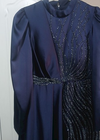 Uzun Lacivert Drapeli Kadın Abiye Elbise - Görsel 2