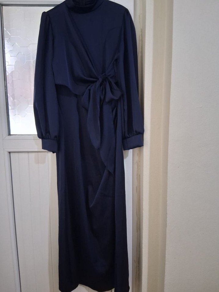 Lacivert Drapeli Uzun Kadın Elbise - Görsel 2