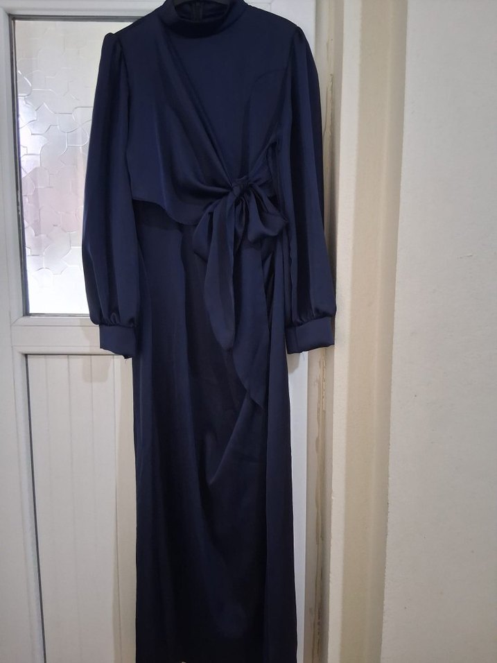 Lacivert Drapeli Uzun Kadın Elbise - Görsel 3