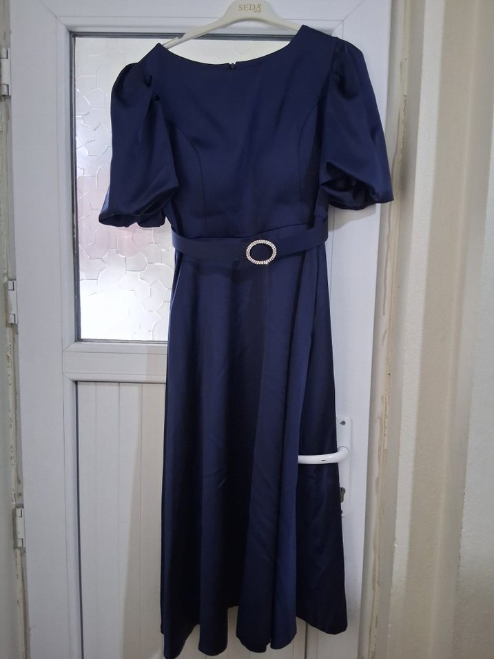 Kemerli Lacivert Uzun Kadın Elbise - Görsel 3