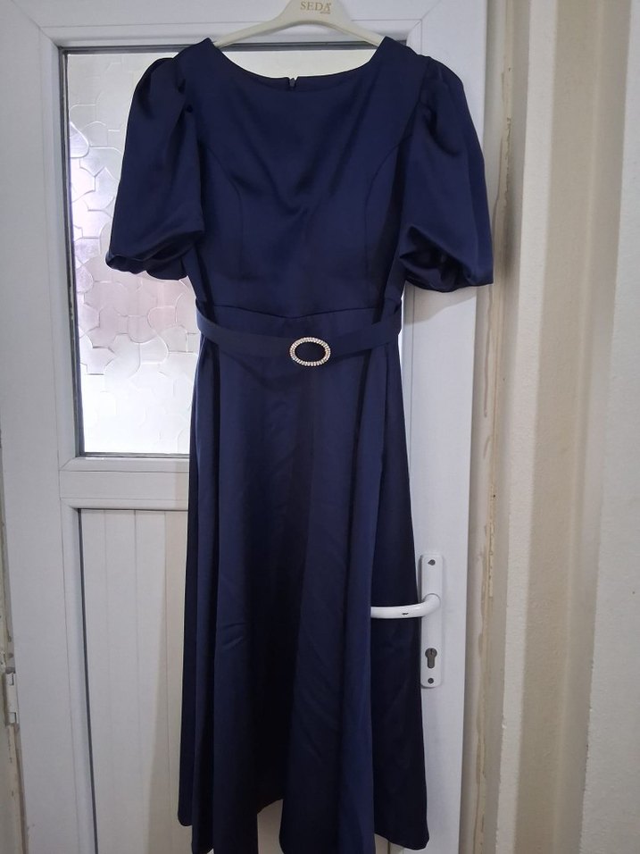 Kemerli Lacivert Uzun Kadın Elbise - Görsel 2