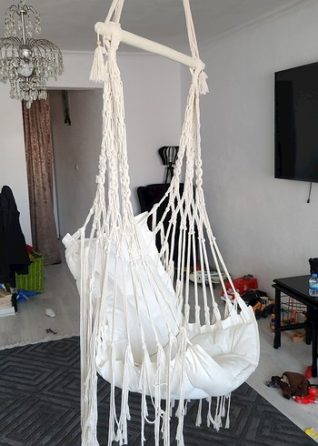 Beyaz Pamuklu Makrome Salıncak - Görsel 4