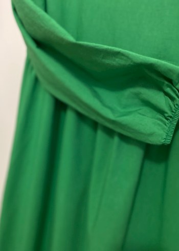 Yeşil Uzun Keten Elbise, Fırfırlı, Bol Kesim - Görsel 3