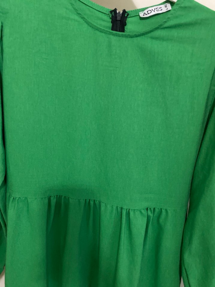 Yeşil Uzun Keten Elbise, Fırfırlı, Bol Kesim - Görsel 2