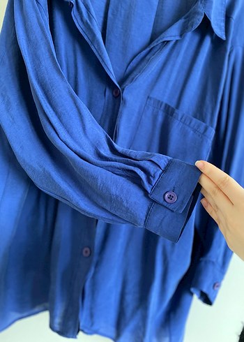 Lacivert modal oversize gömlek - Görsel 2