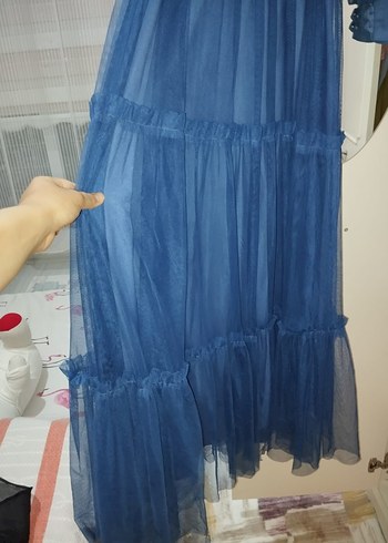 Abiye Uzun Kollu Kemerli Mavi Vintage Elbise