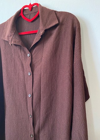 Düğmeli Kahverengi Keten Kadın Gömlek - Görsel 5