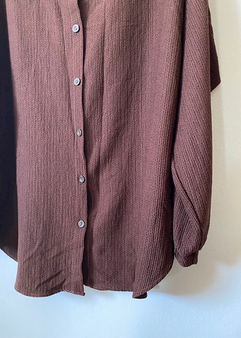 Düğmeli Kahverengi Keten Kadın Gömlek - Görsel 6