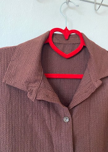 Düğmeli Kahverengi Keten Kadın Gömlek - Görsel 7