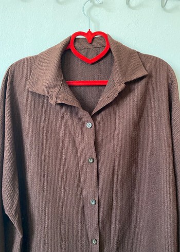 Düğmeli Kahverengi Keten Kadın Gömlek - Görsel 2