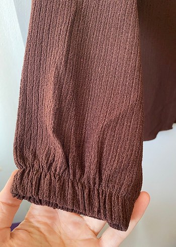 Düğmeli Kahverengi Keten Kadın Gömlek - Görsel 3