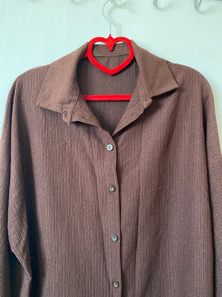 Düğmeli Kahverengi Keten Kadın Gömlek - Görsel 2