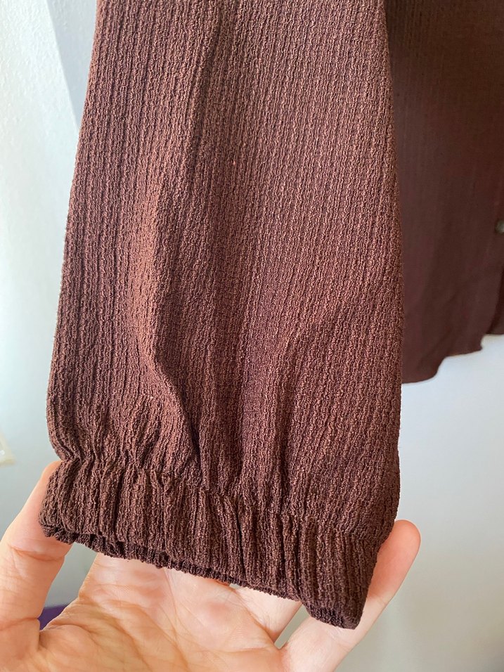 Düğmeli Kahverengi Keten Kadın Gömlek - Görsel 3