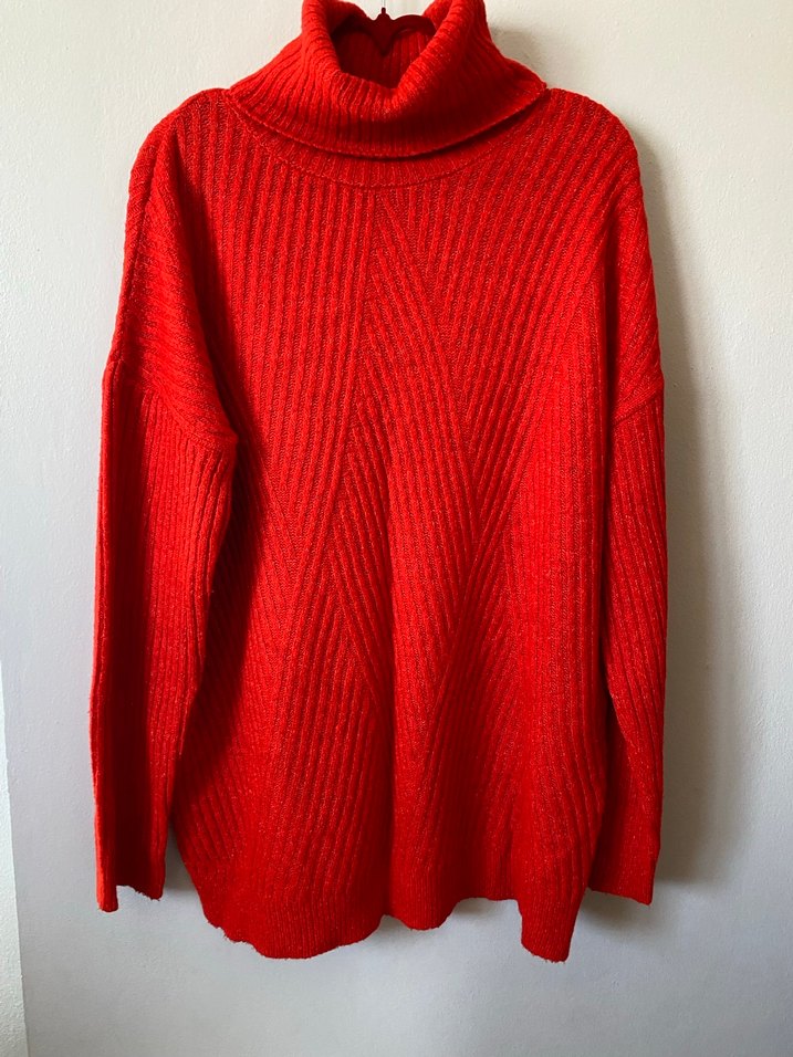 Kırmızı Kadın Boğazlı Örgü Yün Kazak - Görsel 3